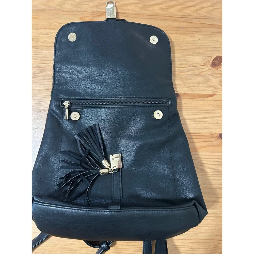 Miztique Black Diana Vegan Leather Backpack Tassel Gold Hardware Large Travel